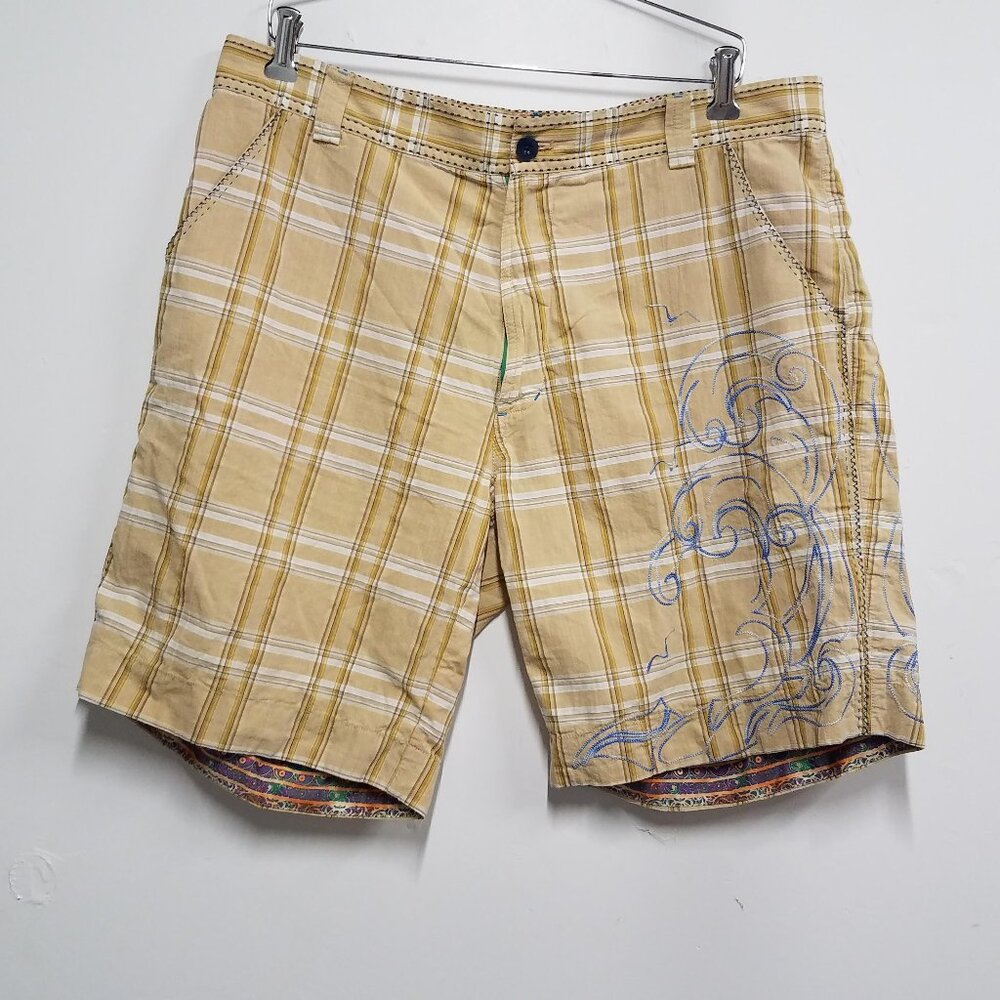 Robert Graham Shorts Mens 36 Yellow Plaid Check Embroidered Ocean Wave